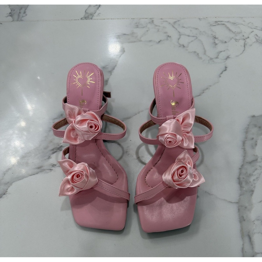 SHEIN Sandals Shoes Womens Size 7.5 Pink Strappy Flower Bow Cone Heels